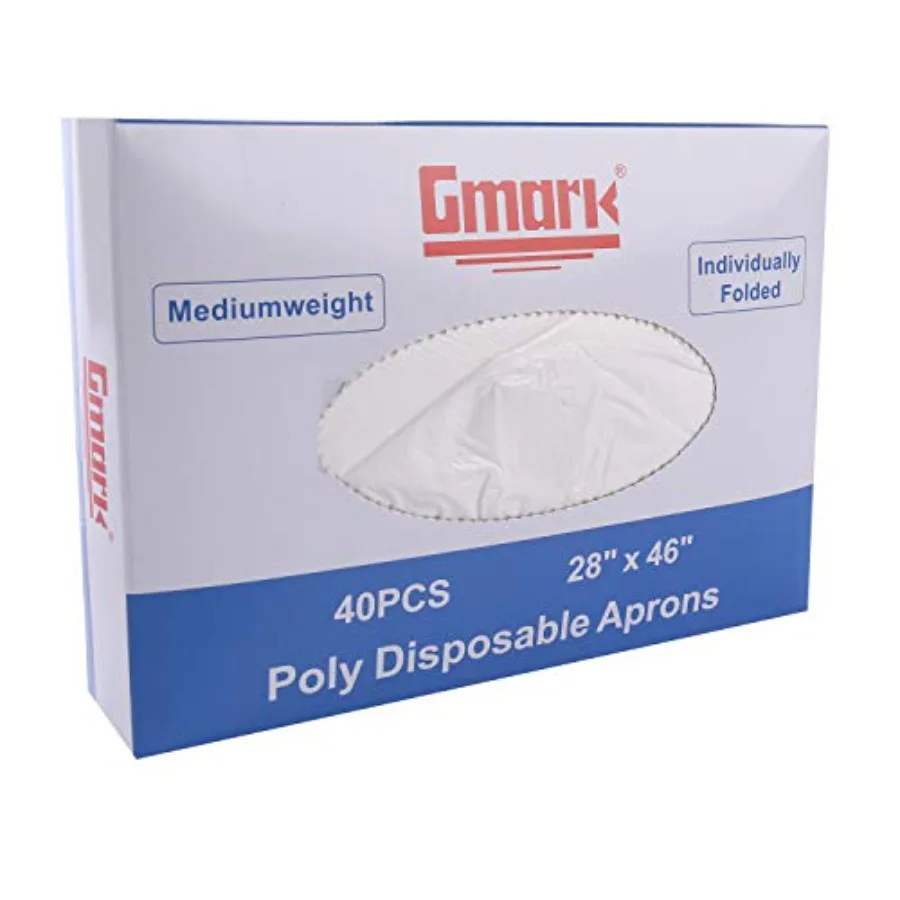 

Gmark Poly Apron Individual Wrapped, Medium Weight, Disposable Polyethylene PE Aprons Waterproof, Food, Cooking 100pcs GM0002