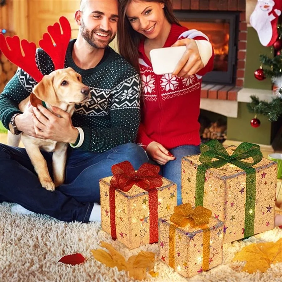 Lámpara de caja de regalo de Navidad para decoración de Año Nuevo, guirnalda de luces de hadas para árbol de Navidad, fiesta de cumpleaños, boda, 2025, 3 unids/set