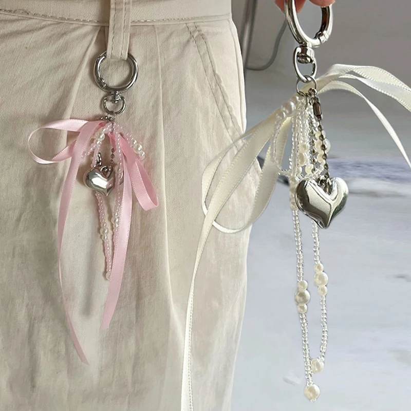 Imitation Pearl Bow Key Ring Ribbon Beaded Keychain Korean Style Hanging Accessories Y2k Heart Bag Pendant Key Chain Gifts