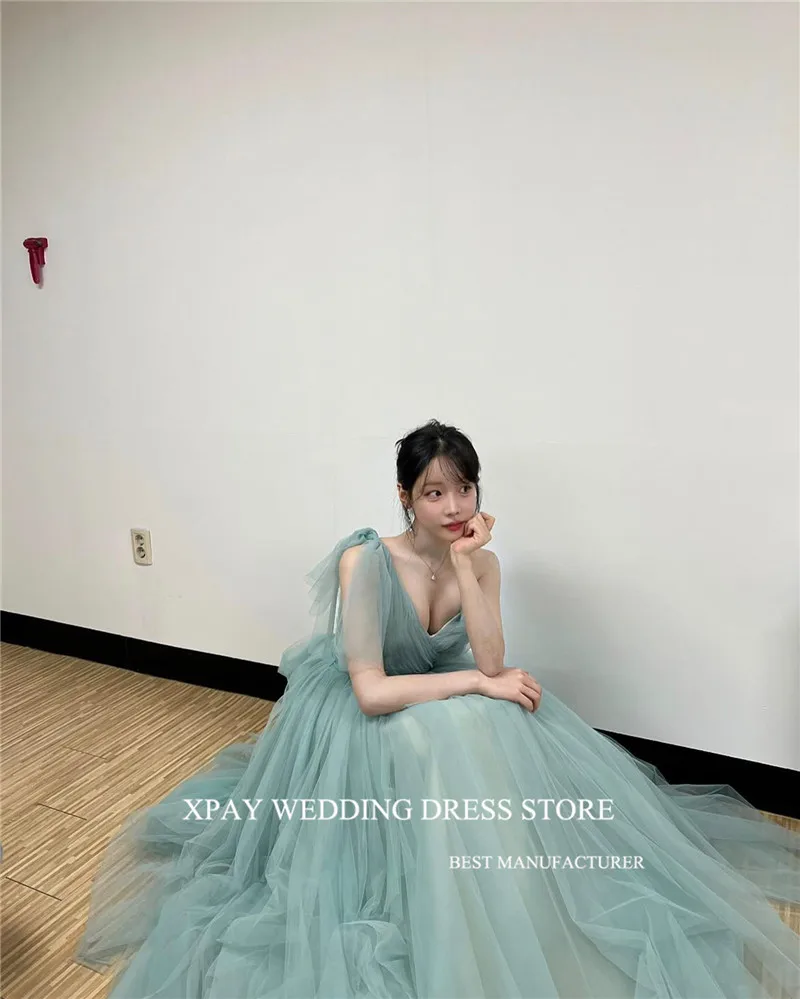 XPAY Fairy Tulle Dusty Green Long Evening Dresses Korea Lady Wedding Photo shoot Prom Gowns Customised Formal Party Dress