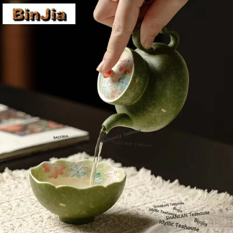 

140ml Green Sprinkle Gold Hand-painted Floral Teapot Vintage Tea Infuser Pot Tea Maker Kettle With Ball Hole Tea Ceremony Craft