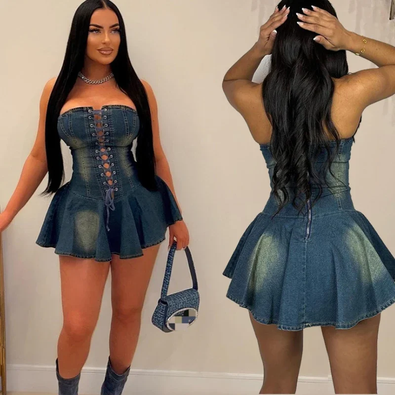 

Sexy Wrap Denim Mini Dress Women Fashion Zipper Lace Up Spice Girls Sleeveless Dresses Female Party Club Short Ruffle Vestidos