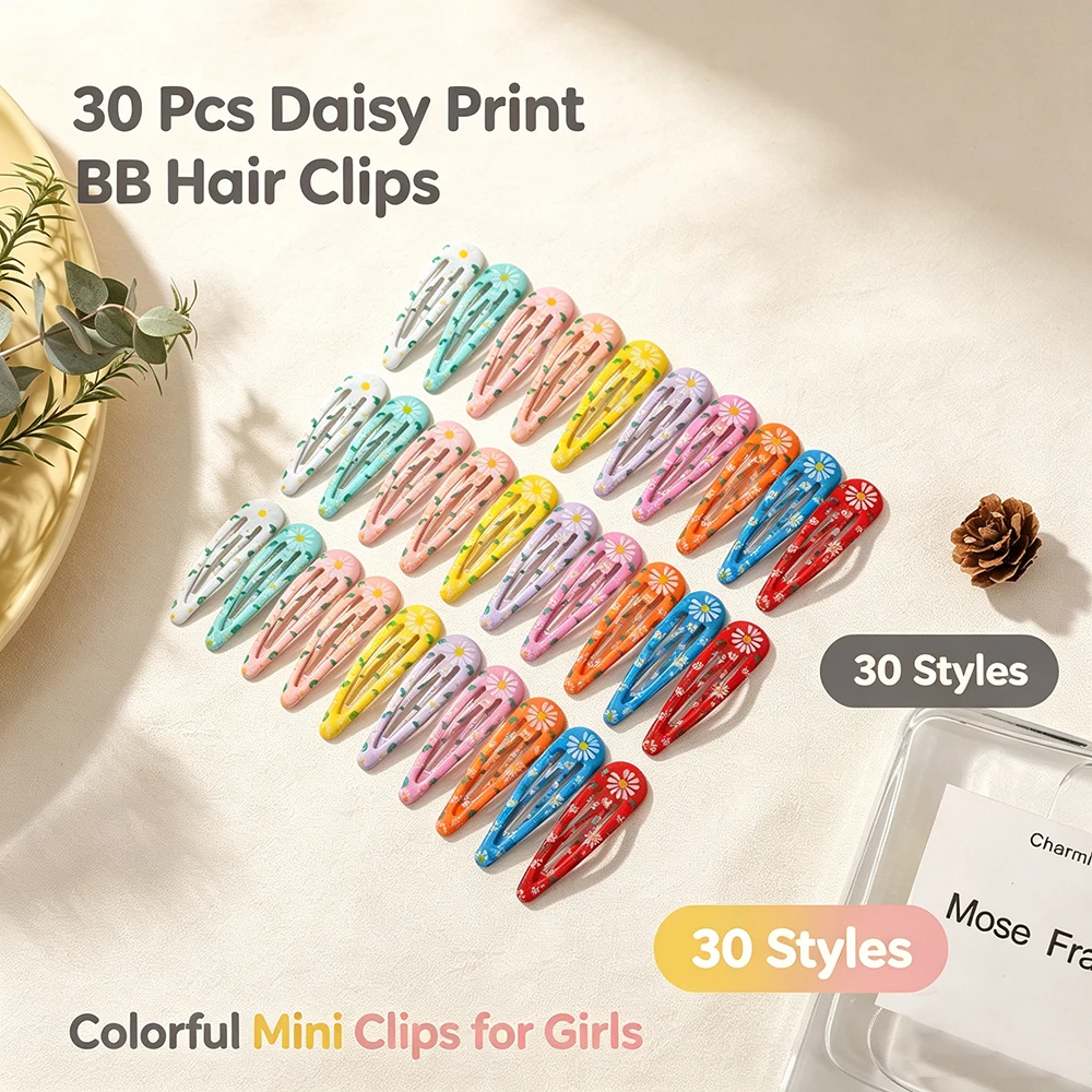 30Pcs Random Colorful Daisy Print Water Drop BB Hair Clips Cute Girls Metal Hair Barrettes