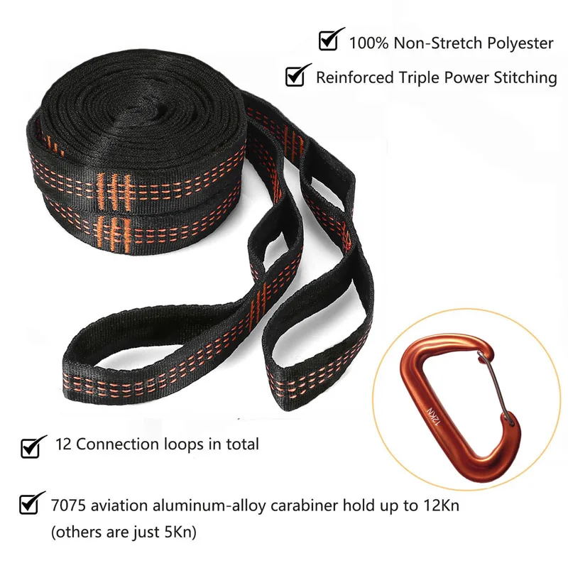 Outdoor hammock straps with 12 adjustable loops and ultra-length outdoor hammock straps and belts with 7075 alloy aluminum