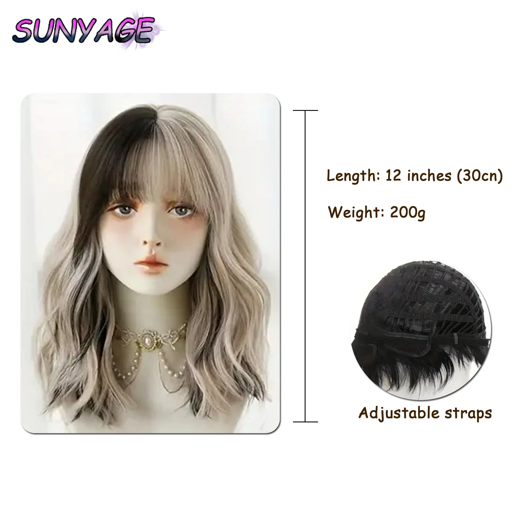 SUNYAGE-Peruca ondulada preta prateada para mulheres, peruca de cabelo sintético natural, fibra resistente ao calor, parte média, cosplay de festa diária