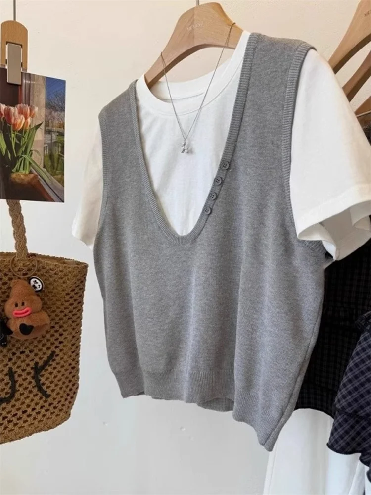 Koreanische Sle V-Ne ort Sve Gestrickte Top Lose Fit Sommer Abnehmen T-shirt frauen Faion Casual Grundlegende Farbe