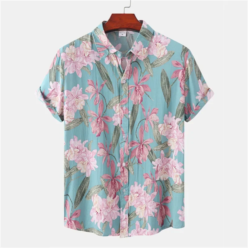 Camisa havaiana de manga curta masculina, camisa aloha praia estampa floral, preta e rosa, roupa de festa casual, verão, 2022