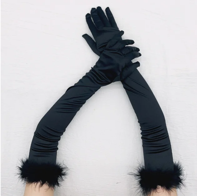 Sexy 53cm Elastic Full Finger Long Silk Satin Dance Party Cuff Feather Gloves Halloween Makeup Party Opera Stage Women's Mittens