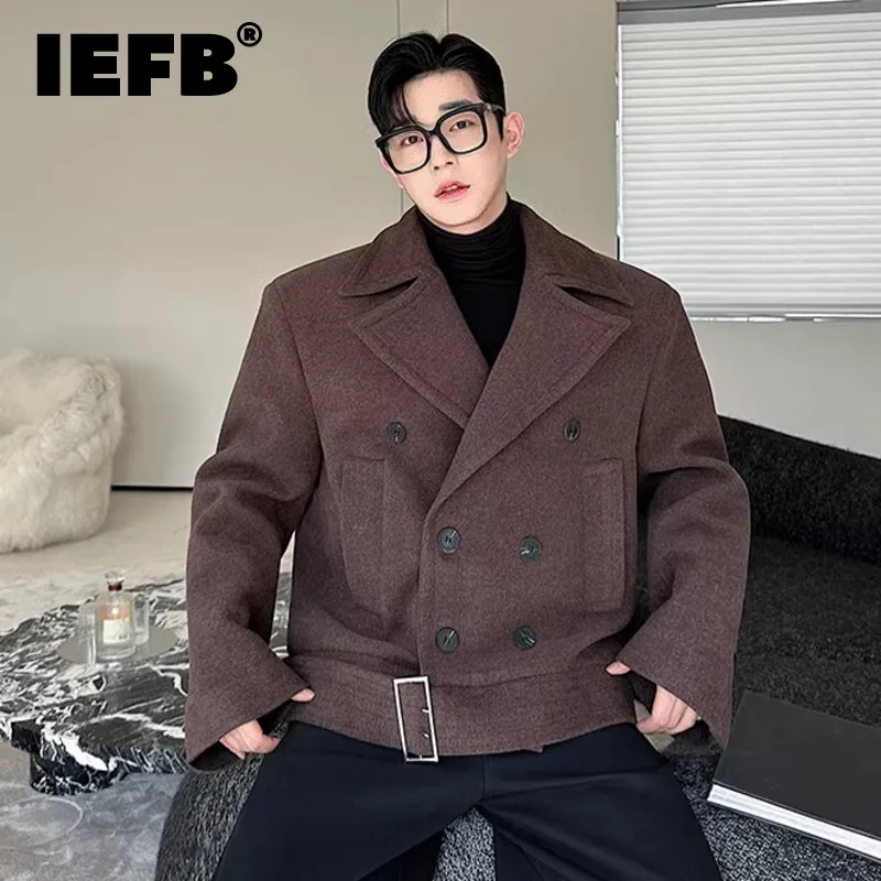 

IEFB Korean Style Men's Woolen Jackets Casual Big Lapel Menswear Double Breasted Belt Solid Color Loose Male Coats 2024 9C8184