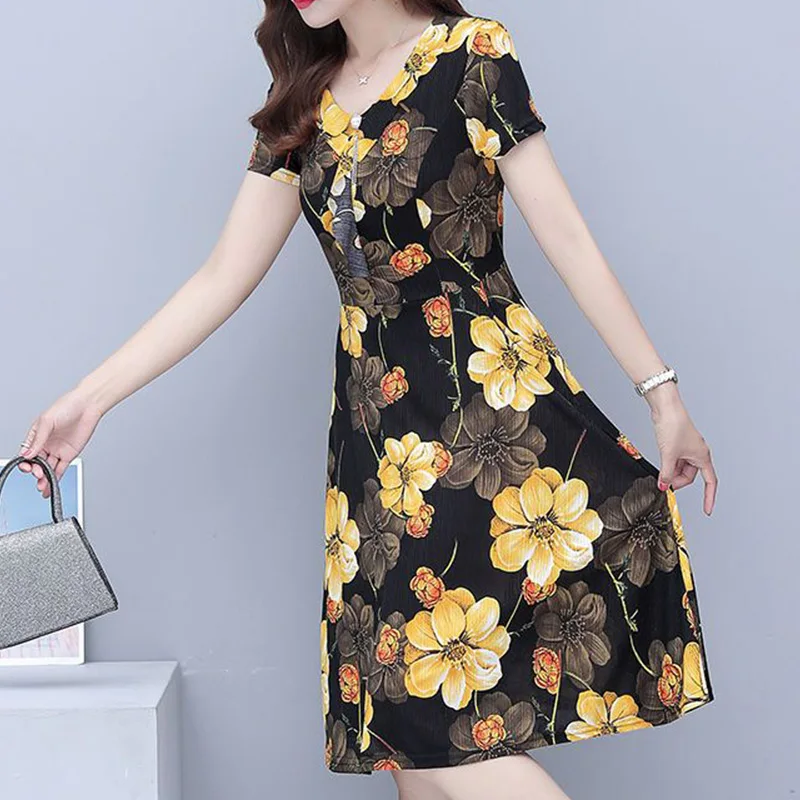 Prairie Chic Short Sleeve Umbrella Skirt Summer Women's Clothing V-Neck Floral Printing Embroidered Flares Slim Midi Dresses
