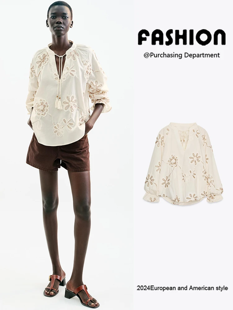 

New Arrival Autumn Casual Women's Long Sve Embroidered Texture Faion V-Ne irt Comfortable Fit Ele Sle
