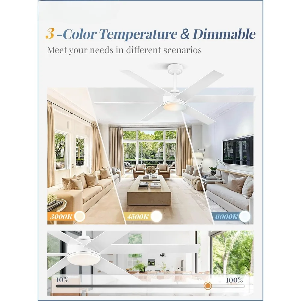 60 Inch Ceiling Fans with Lights and Remote, Reversible 6 Blades & Dimmable 3-Color Outdoor Ceiling Fans for Patios