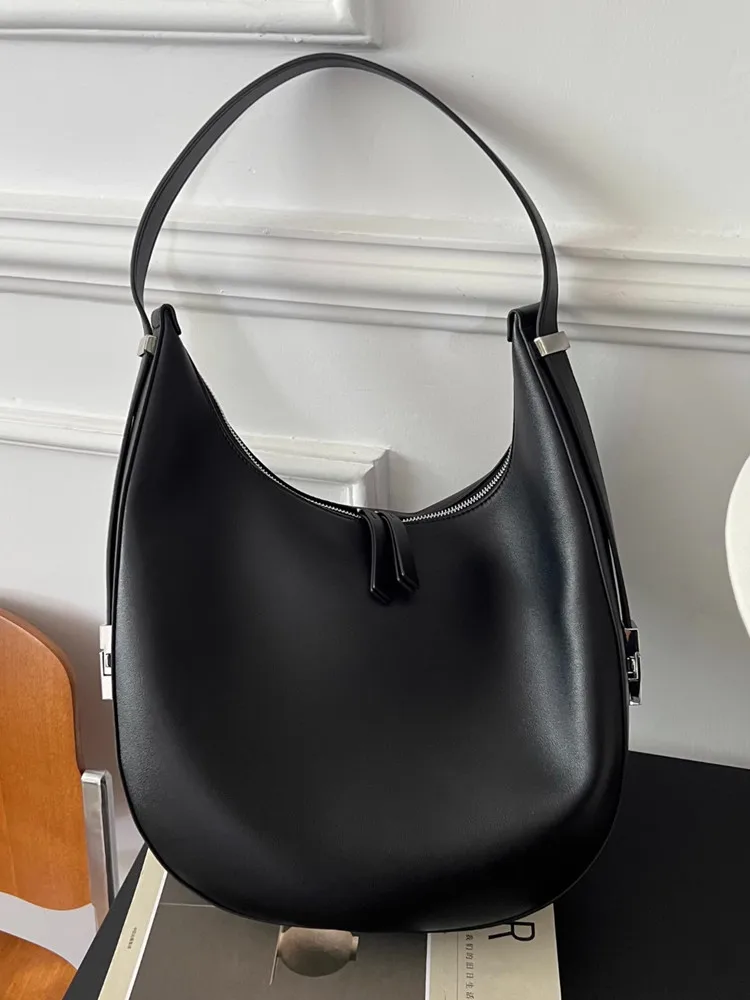 Black Fashion Retro Design Moon Bag Women Genuine Leather Bag\\Handbag Real Leather Simple Underarm Shoulder Bag