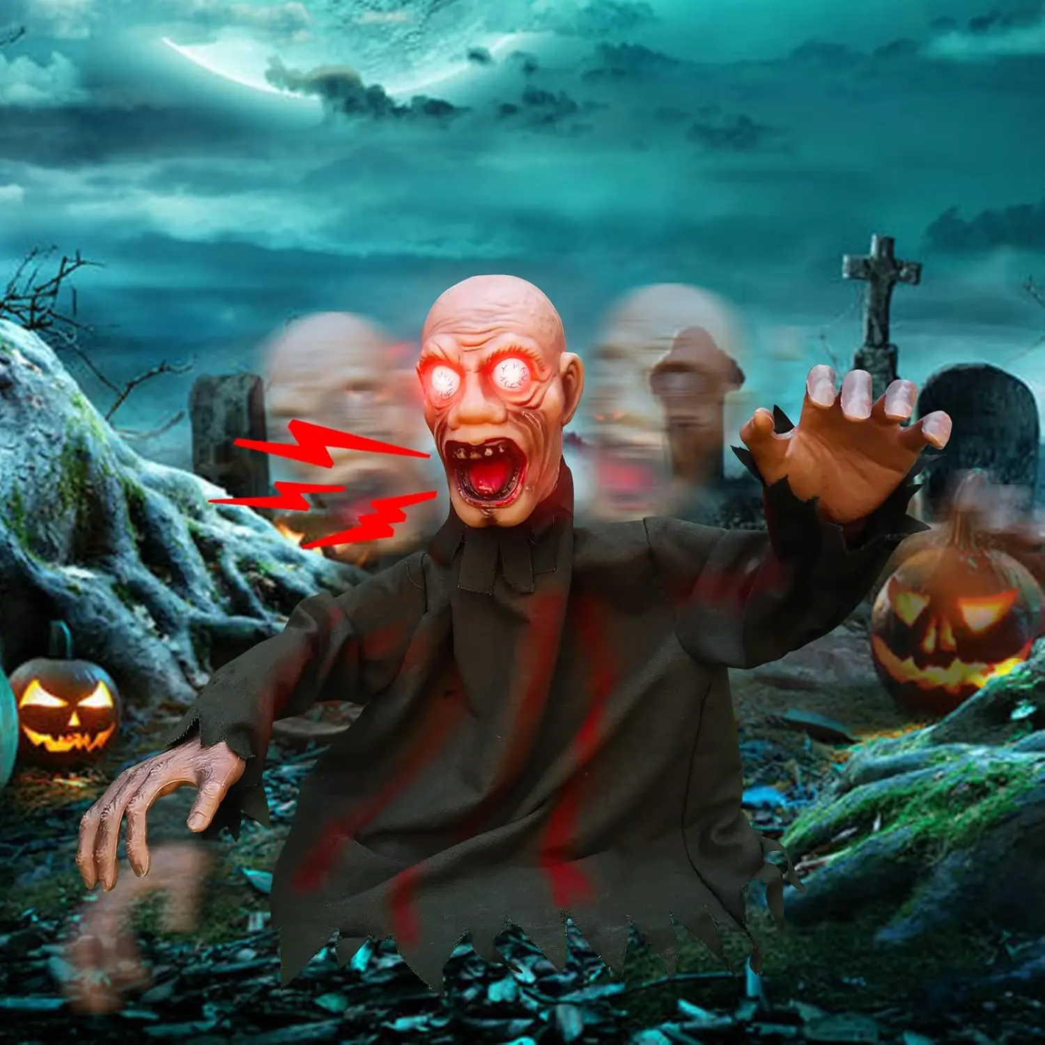 Voice Activated Halloween Ghost Decoration with LED Eyes Hanging Zombie Props Spooky Sound Effects for Party Garden Graveyard