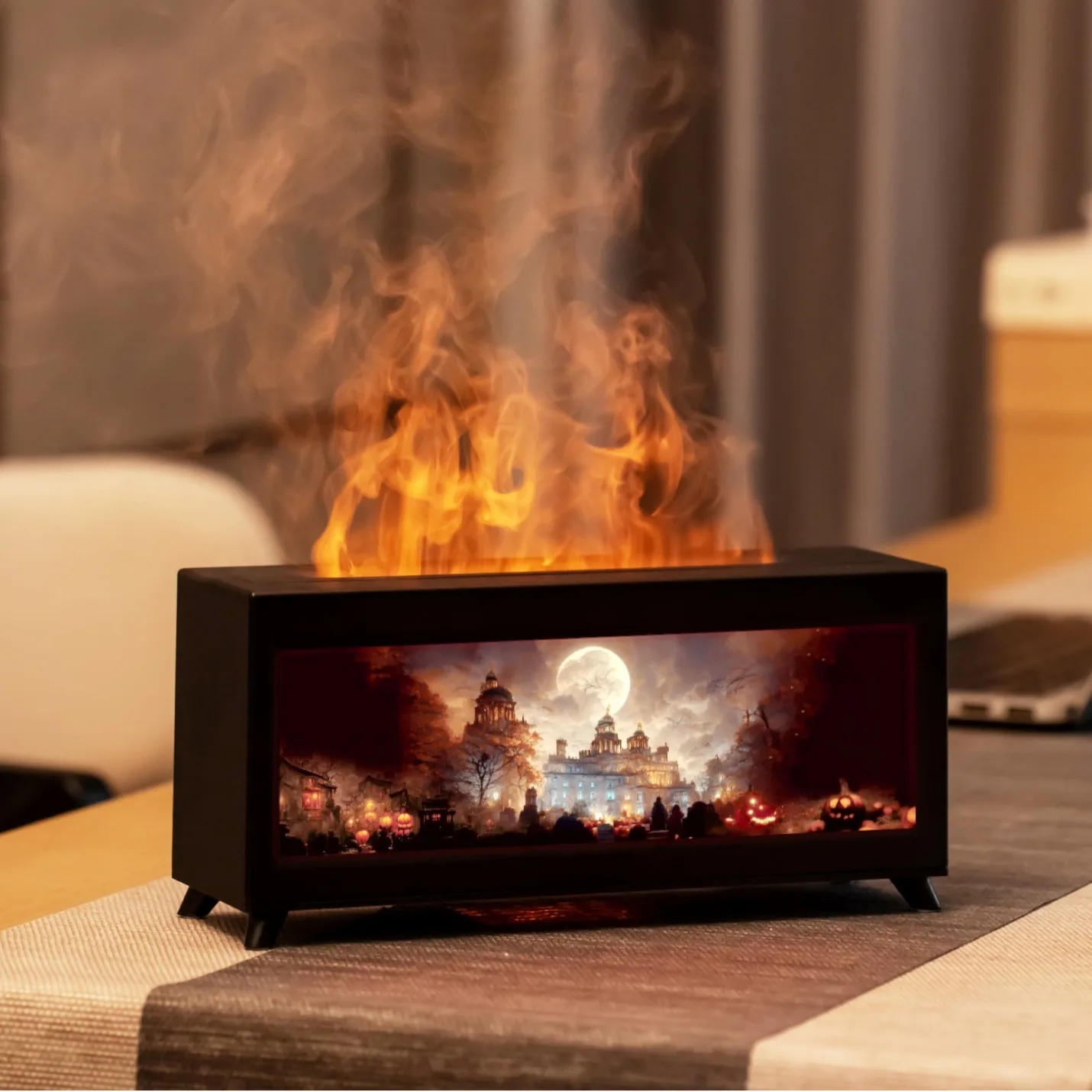 Halloween Pumpkin Ghost Volcano Fireplace Aroma Diffuser Sim‑Ornament Desktop Ultrasonic Essential Oil Humidifier for Room Decor