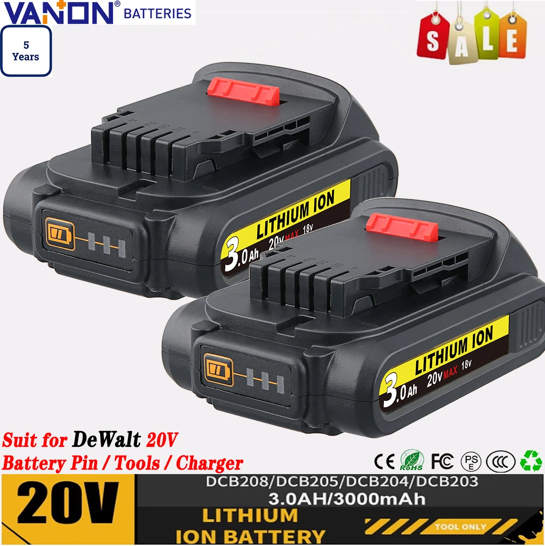 แบตเตอรี่ VANON DCB201 2 ก้อน 3.0Ah ใช้แทนแบตเตอรี่ Dewalt 20V รุ่น DCB206 DCB207 DCB204 เหมาะสำหรับเครื่องมือไฟฟ้ารุ่น DCD/DCF/DCG/DCS