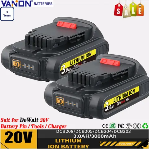 VANON DCB201 2Pack 3.0Ah Replace for Dewalt 20V Battery Pin DCB206 DCB207 DCB204 Suit For DCD/DCF/DCG/DCS Series Power Tools