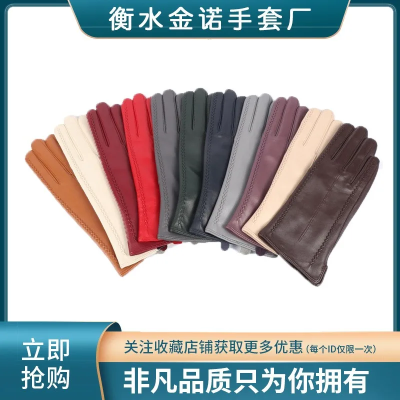 Wholesale European and American Women's Colored Sheepskin Gloves Fashionable Winter Warm and Velvet Outdoor Leather Gloves