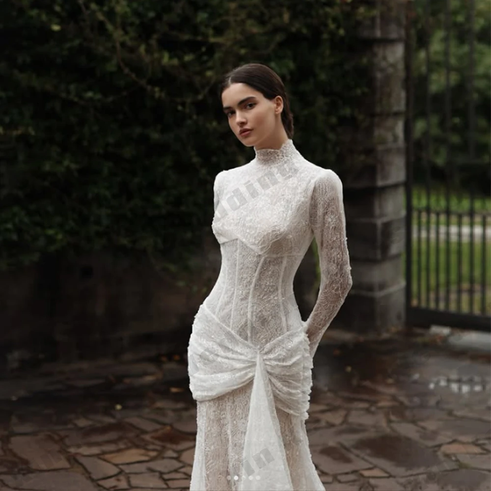 Luxury Women's Bridal Gowns Muslim Elegant Long Sleeve Mermaid High Collar Princess Wedding Dresses Formal Party Customized Robe