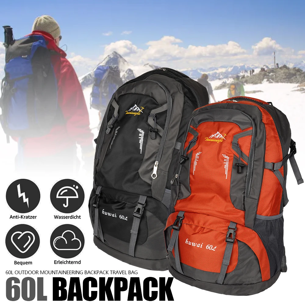 Sac à dos de randonnée en polyester de grande capacité de 60 L avec larges bretelles réglables, plusieurs poches, rangement classifié, sac à dos d'extérieur résistant aux déchirures, imperméable, sac de voyage pour le camping et l'alpinisme, cadeau idéal pour les amateurs de plein air