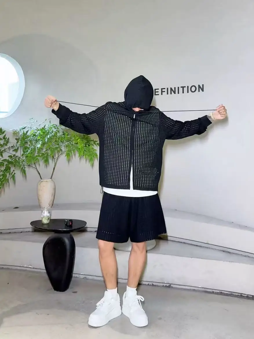 lightweight-breathable-physical-sun-protection-knitted-cardigan-shorts-set-summer-casual-sportswear-polyester-fiber-long-sleeve