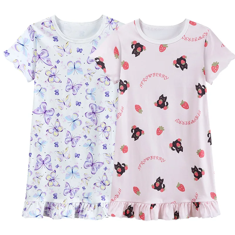 Little Hand Sweet Girls Ruffle Hem Sleep Dress Soft Breathable Fabric Cartoon Print Kids Short Sleeve Home Nightwear 3-10Y