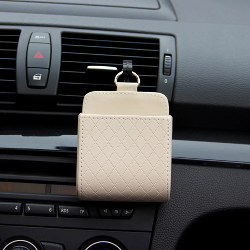 Car Storage Bag Air Vent Dashboard Tidy Hanging Leather Organizer Box Glasses Phone Holder Storage Organizer Car Accessories