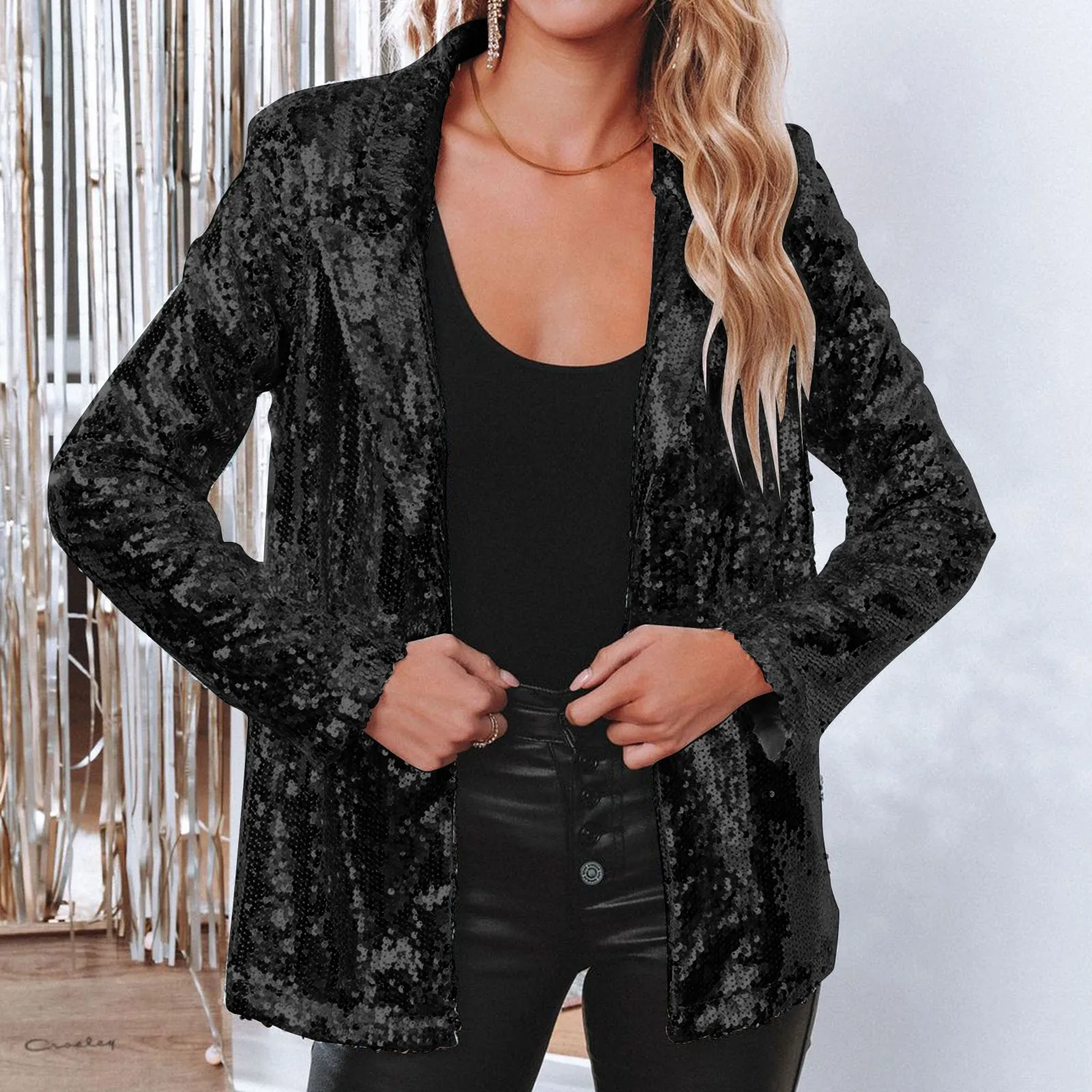 Women Shinny Sequins Blazer Casual Long Sleeve Shimmer Glitter Party Shiny Lapel Jacket Coat Fall Rave Outerwear Blazer Mujer