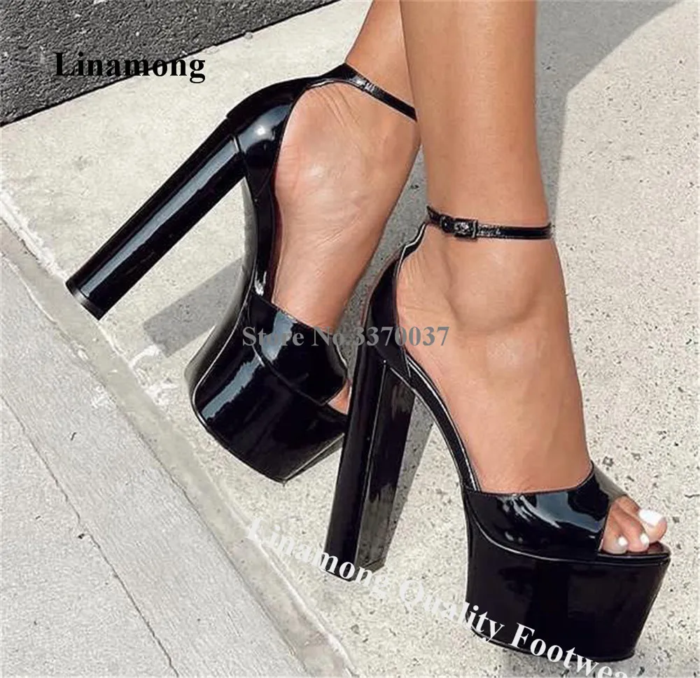 

Linamong Sexy Black Patent Leather Chunky Heel Sandals Fashion Peep Toe Ankle Straps Buckles Super High Thick Heel Party Shoes