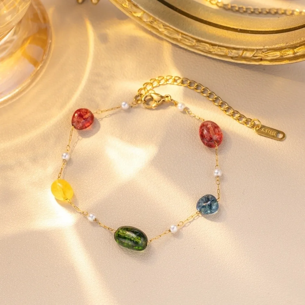 Resin Colored Stone Necklace Bracelet Adjustable Length Dopamine Style Bead Necklace Mix Color Clavicle Chain Jewelry for Women