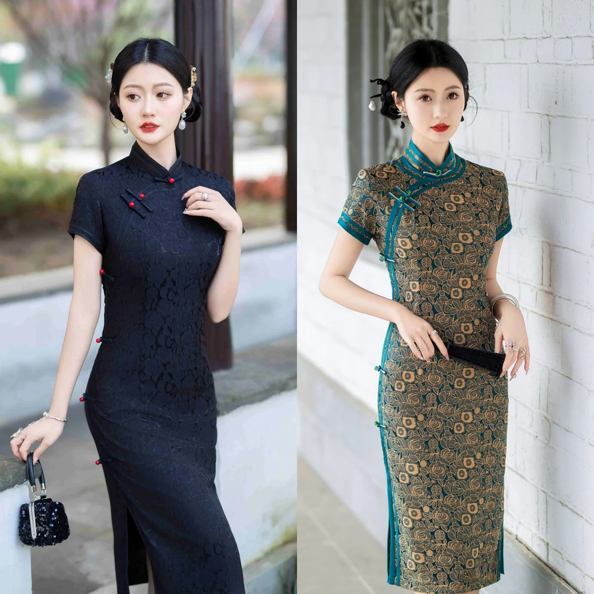 

Cheongsam Весенний Новый Элегантный Средней Длины Ретро Подиум С Коротким Рукавом Черный Темперамент Китайский Стиль Производитель