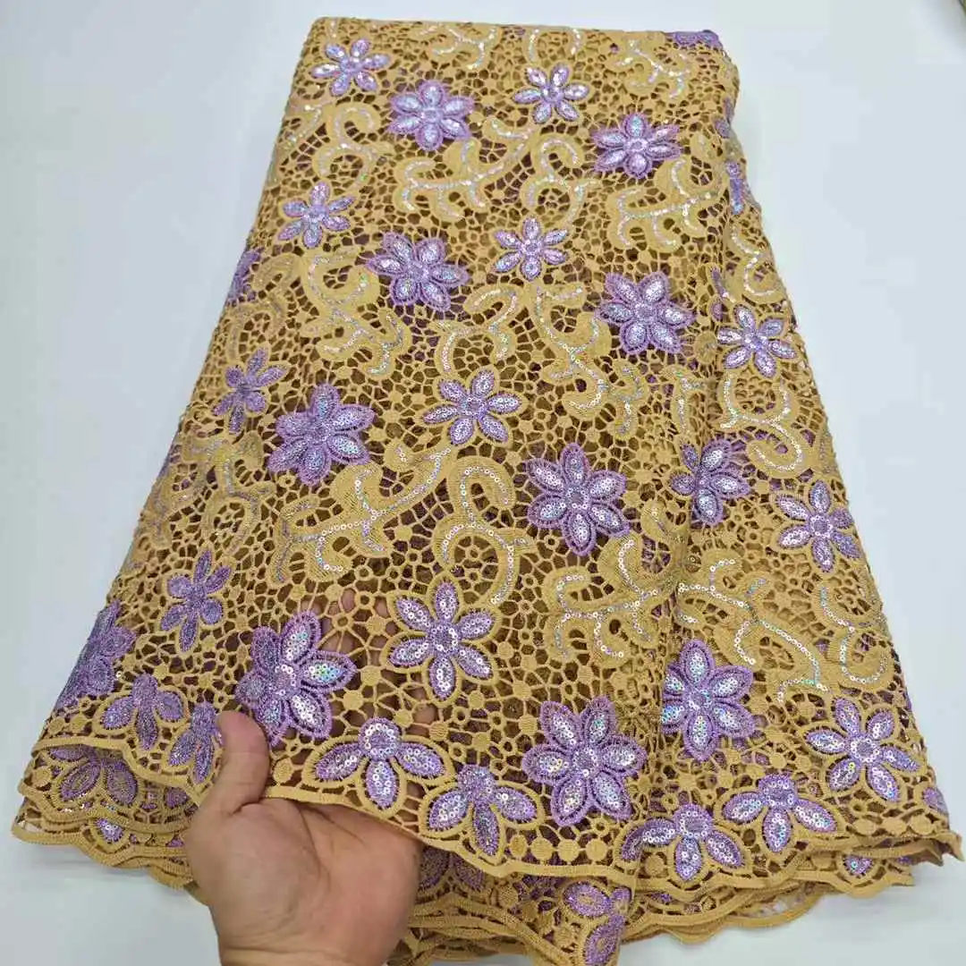 

French Guipure Cord Lace Fabric African Water Soluble Lace Fabrics Colorful Sequins 2025 High Quality For Women Dresses Party
