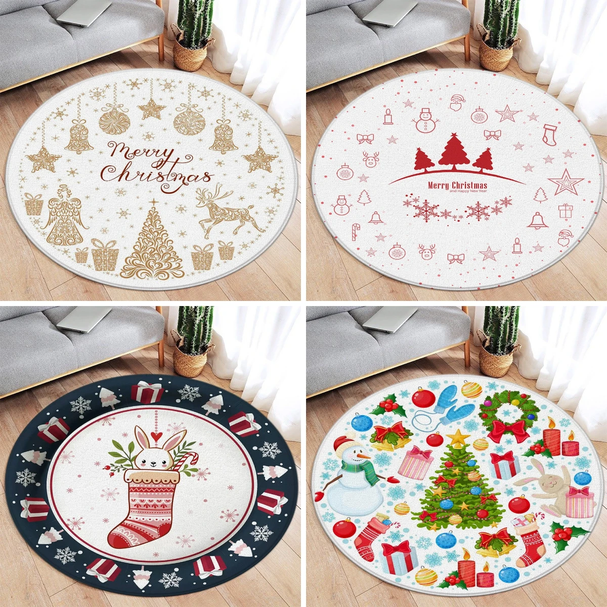 

Merry Christmas Theme Living Room Decoration Christmas Gifts Round Rugs Bedroom Rugs Household Floor Mats Washable Leisure Rugs