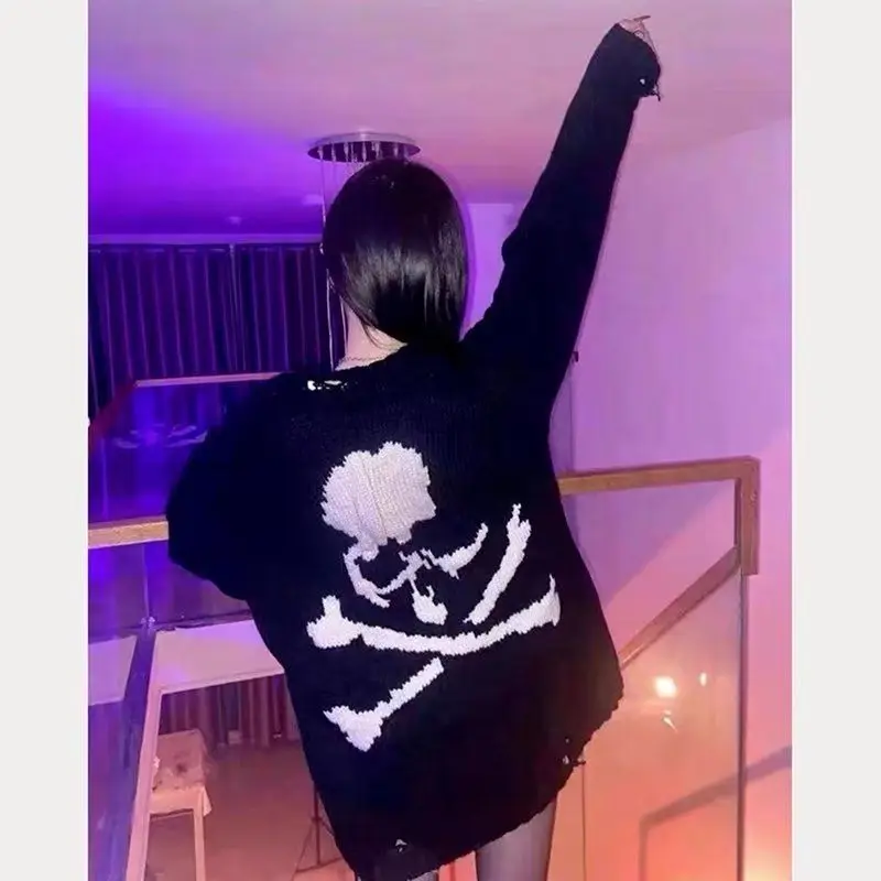 Ripped Hole Skull Print Men Long Sleeve Sweaters Fall Winter Keep Warm Highstreet Hip Hop Loose Clothing Unisex Halloween Daily