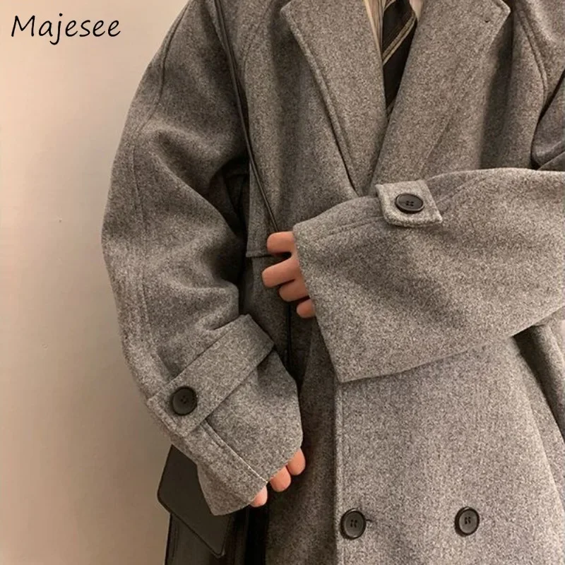 

Мужские шерстяные толстые сохраняющие тепло однотонные двубортные карманы ветровка длинные стильные свободные модные повседневные пальто универсальные Ins