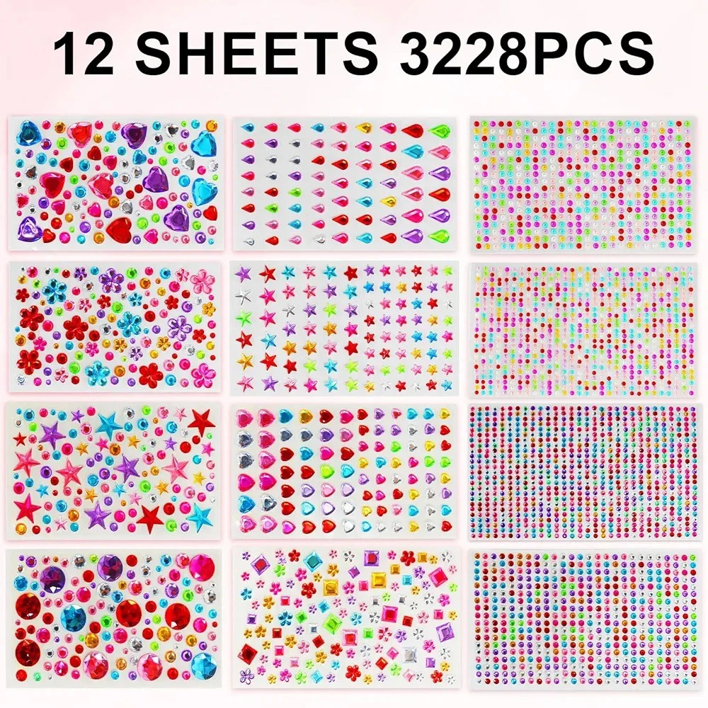 12 Sheets 3228 Pcs Self Adhesive Gem Stickers Colorful Nail Acrylic Rhinestone Jewels Assorted Shapes Sizes Bling Kid DIY Crafts