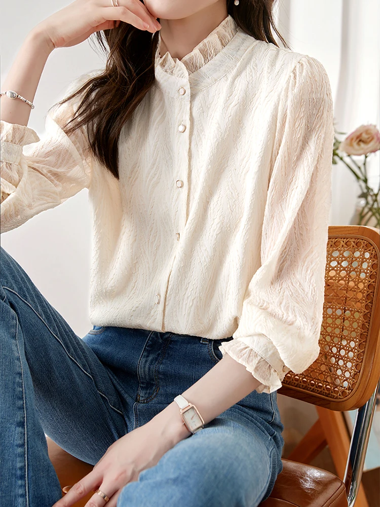 Elegantes Retro Chiffon Shirt Women's Long Sleeved Wooden Ear Edge Shirt Fashion Casual Blouse Tops