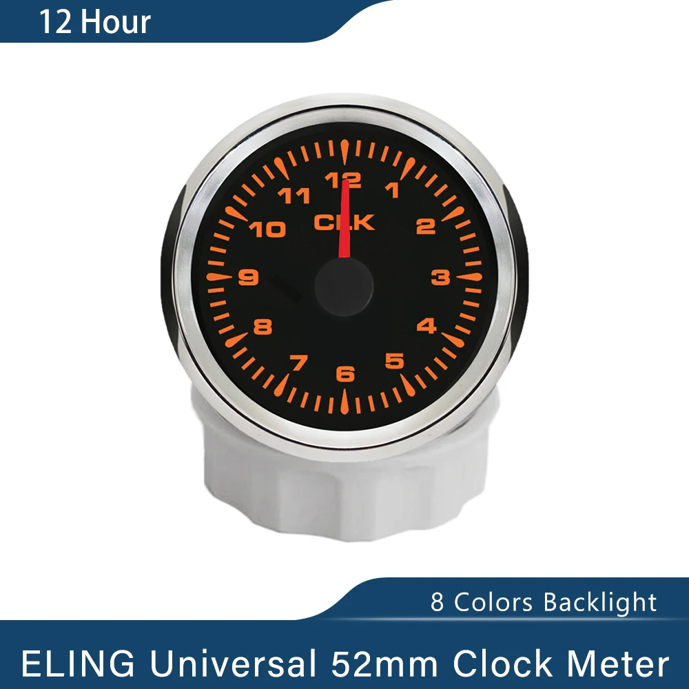 ELING 52mm Clock Meter Gauge 12 Hour Format with 8 Colors Backlight for Yacht Car Boat Universal 12V 24V