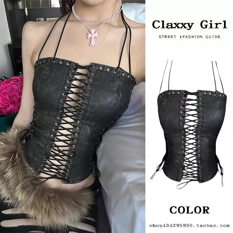 Retro American Design Heavy Work One Shoulder Tube Top Women's Slimming Fishbone Tank Top Hollow out Commute Style Short Sleeve