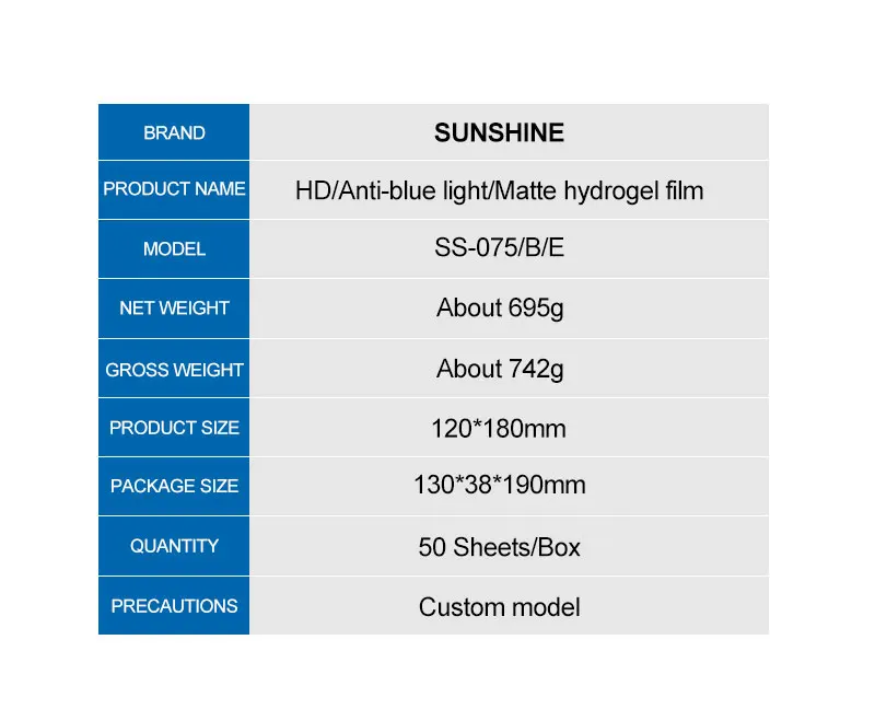 50 Stück neue Original Sunshine SS-075 HD Hydrogelfolie, Auto-Reparatur, mit Schnittcode, SS-075B 075E Anti-Blau-Mattfolie, TPU – Detail 12