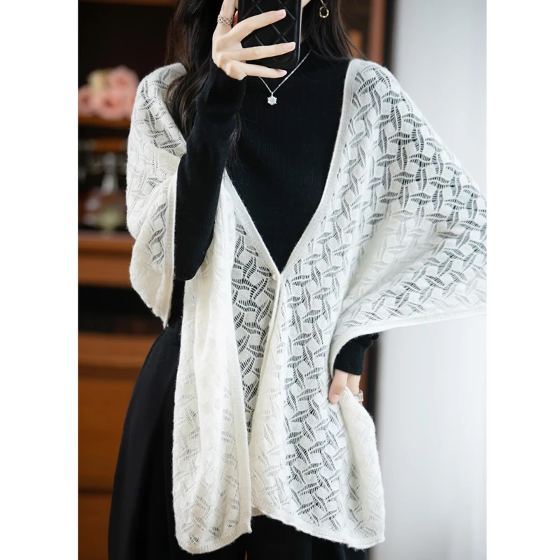 

100% шерстяной трикотаж из мериноса: женский кардиган-шаль с ажурным узором в стиле ретро, мягкий теплый шарф, элегантная повседневная одежда, топы для весны и осени