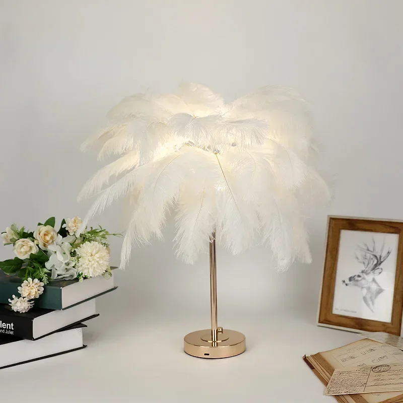 2024 New Touch Control Table Feather Lamp for Wedding Bedroom Decoration LED Desk Lamp with Feathers USB Power Rechargeable