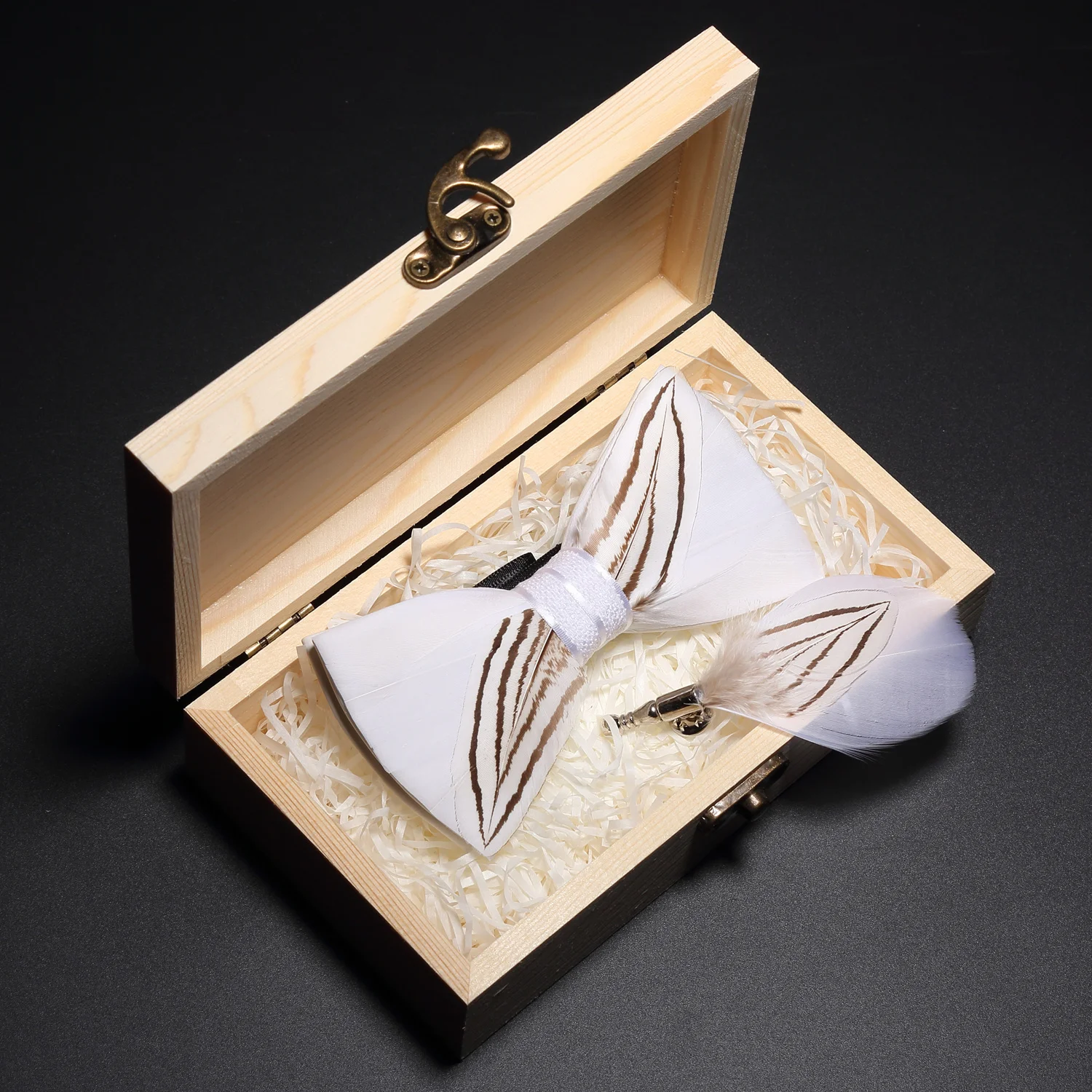 White Bird Feather Bow Tie Original Design Natural Hand Made Bowtie Brooch Set For Men Business Party Wedding with Wood Gift Box