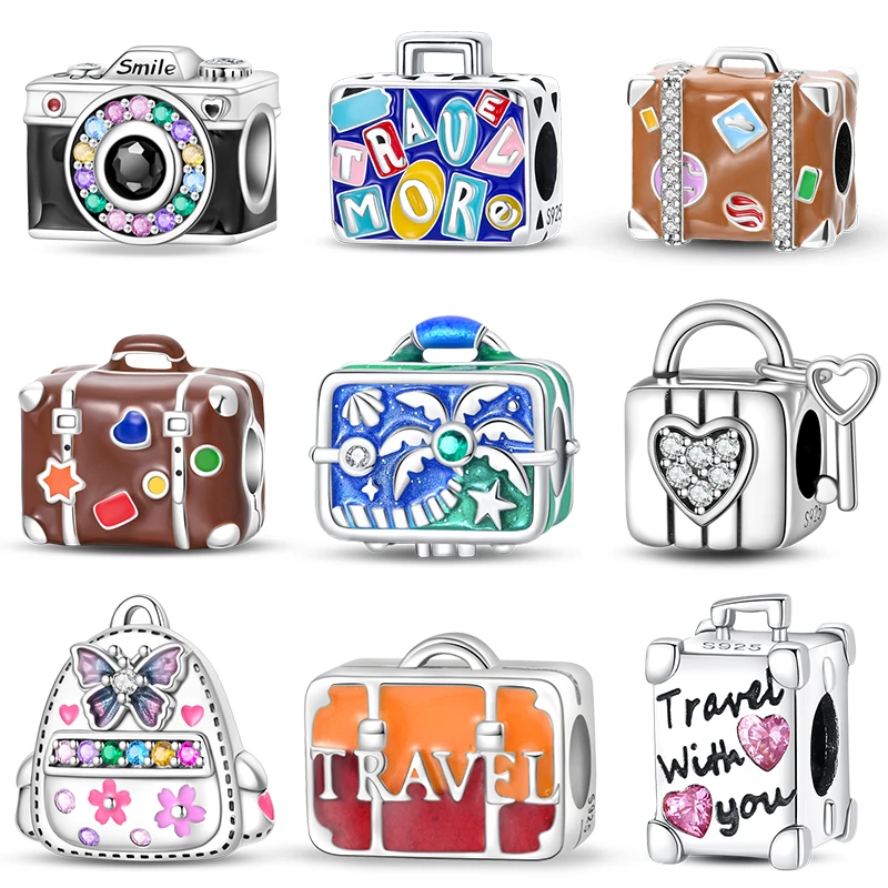 

100% 925 Sterling Silver Colorful Suitcase Bag Travel Charms Beads Fit Original Pandora Bracelets Fine DIY Anniversary Jewelry