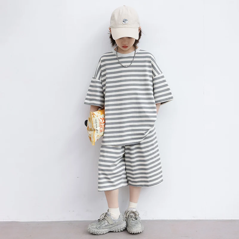 Brief Style Kids Casual Clothing Outfits Set Stripe Summer Suit for Teenage Boy Loose Tracksuit Child Short Sleeve Tshirt Shorts