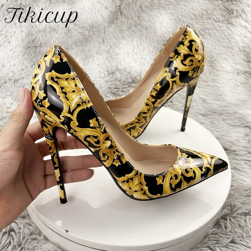 

Новое поступление, женские роскошные черные туфли-лодочки с граффити, 12 см, 10 см, 8 см, сексуальные женские элегантные модельные туфли на высоком каблуке с острым носком