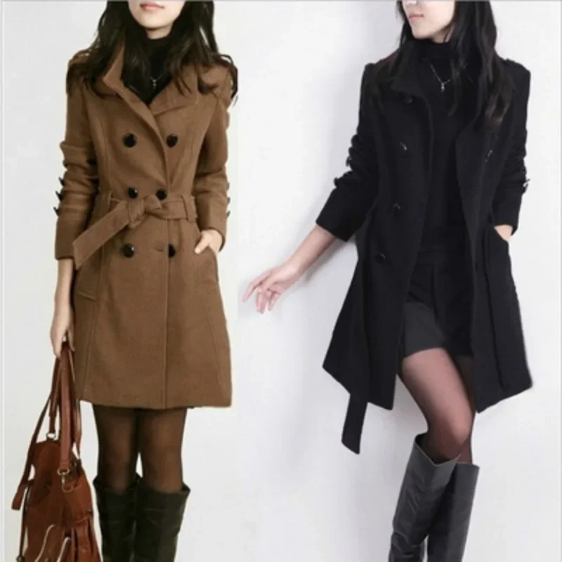 

Waistband Woolen Coat Autumn and Winter Fashion Double Breasted Lace Up Mid Length Woolen Coat