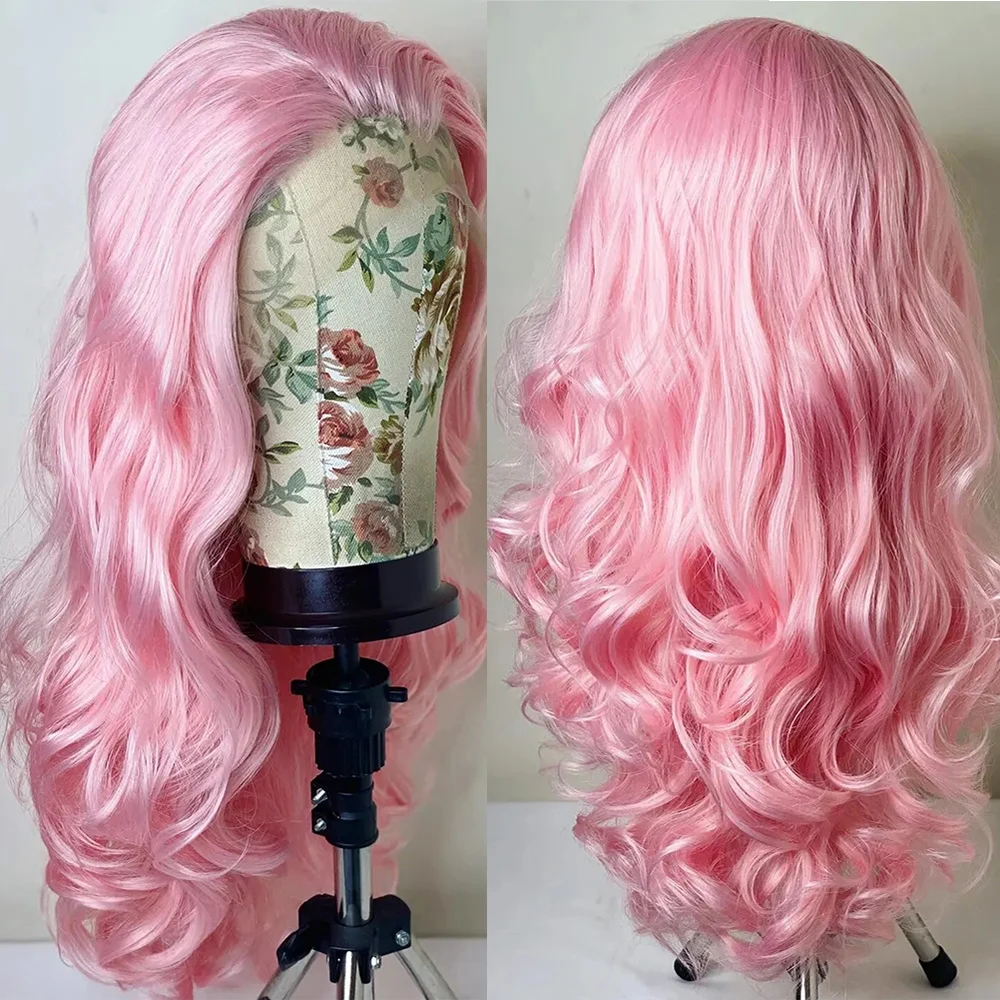 ZXBMALWIGS-Perruque Lace Front Synthétique Ondulée, Cheveux Roses, Partie Libre, Vague Profonde, 26 "de Long, Sans Colle, Fibre Haute Température, Cosplay