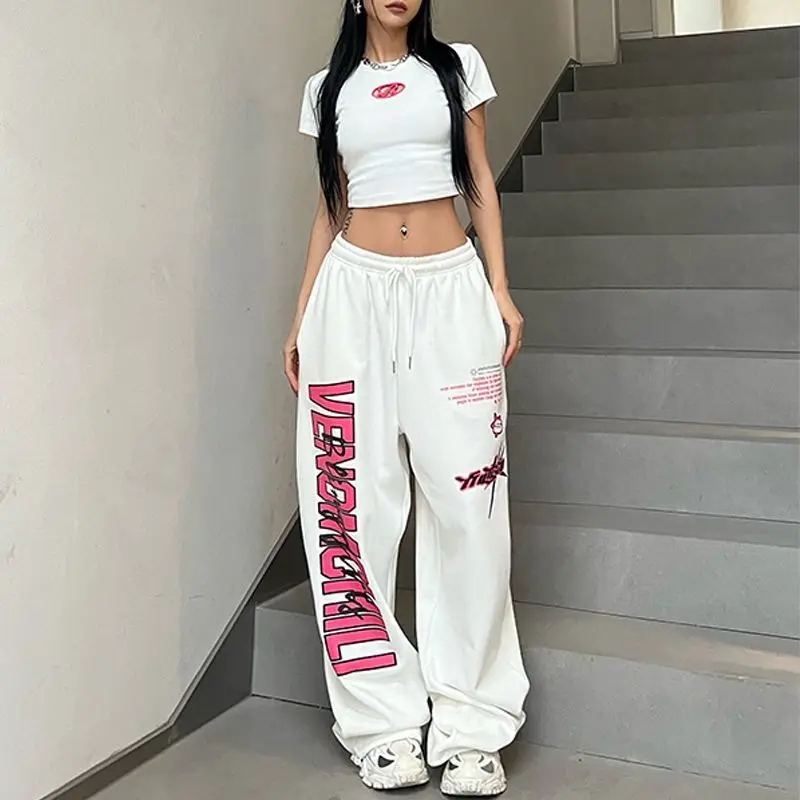 Autumn New Print Drawstring Tied Athletic Casual Pants Women's Elastic High Waist Solid Pockets Loose Hip Hop Straight Trousers