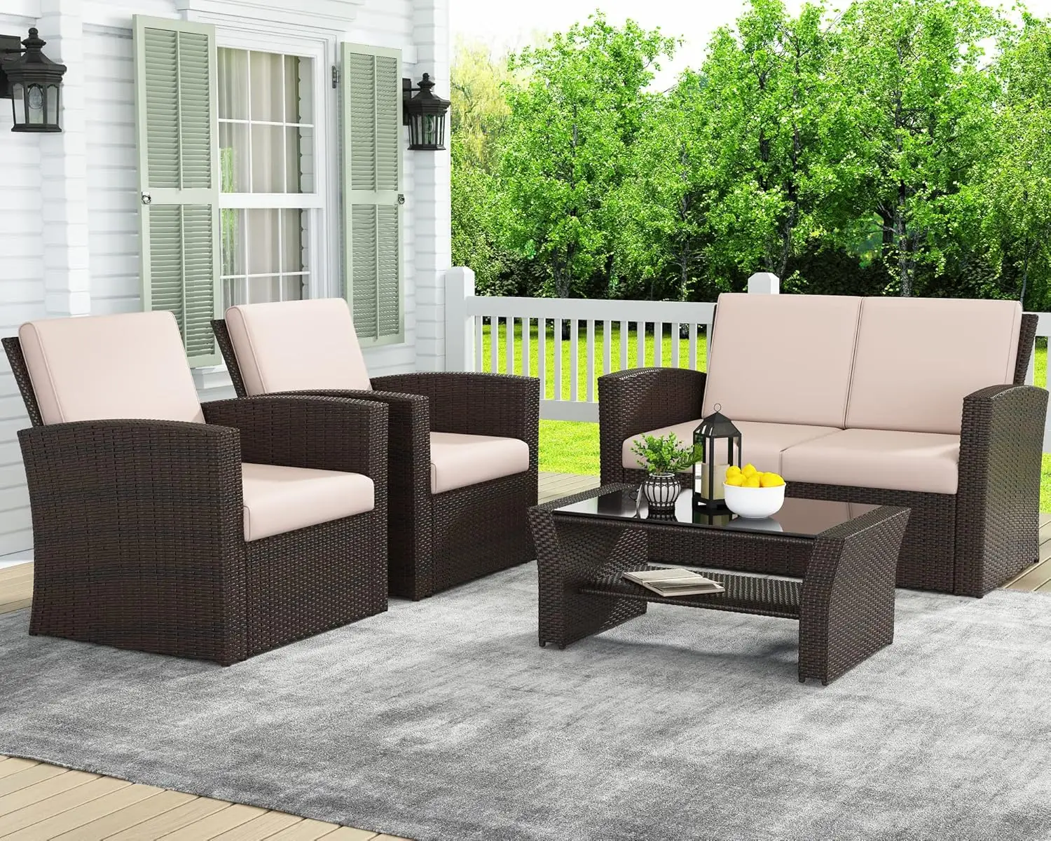 

4 Piece Outdoor Patio Furniture Sets, Wicker Conversation Sets, Rattan Sofa Chair with Cushion for Backyard Lawn Garden (Brown)